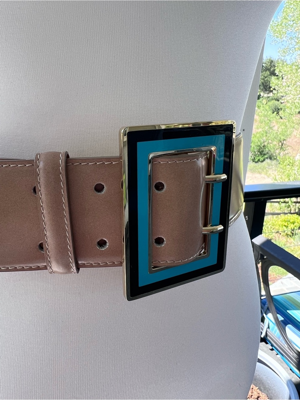 Doncaster Wide Taupe Leather Belt with Bold Teal & Black Buckle